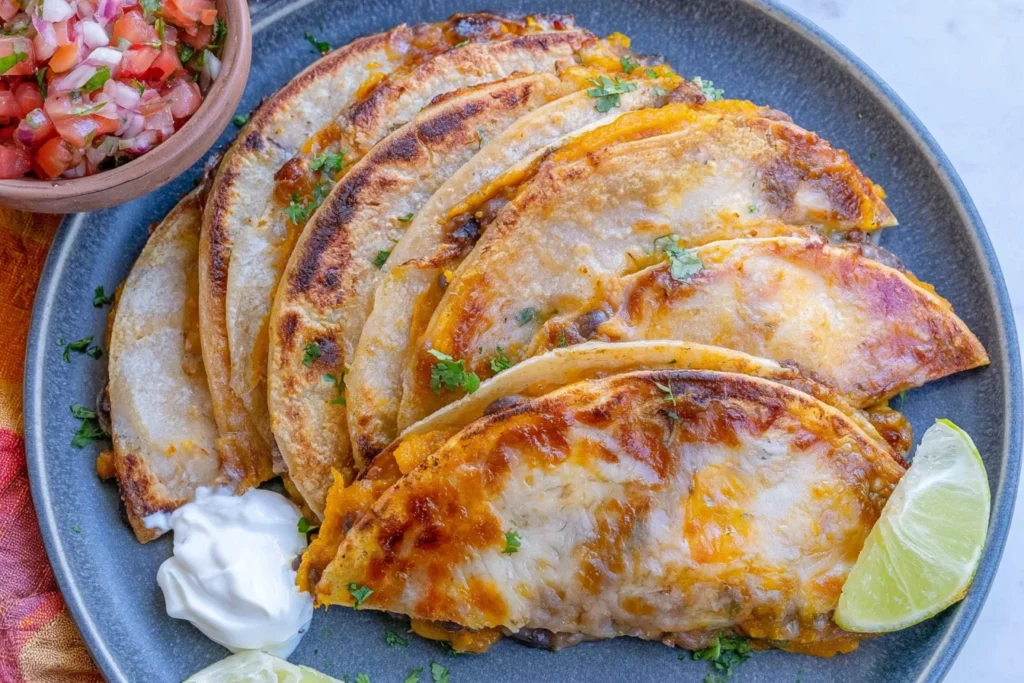 Pumpkin and Black Bean Tacos with melted cheese, cilantro, pico de gallo, sour cream, and a fresh lime wedge.