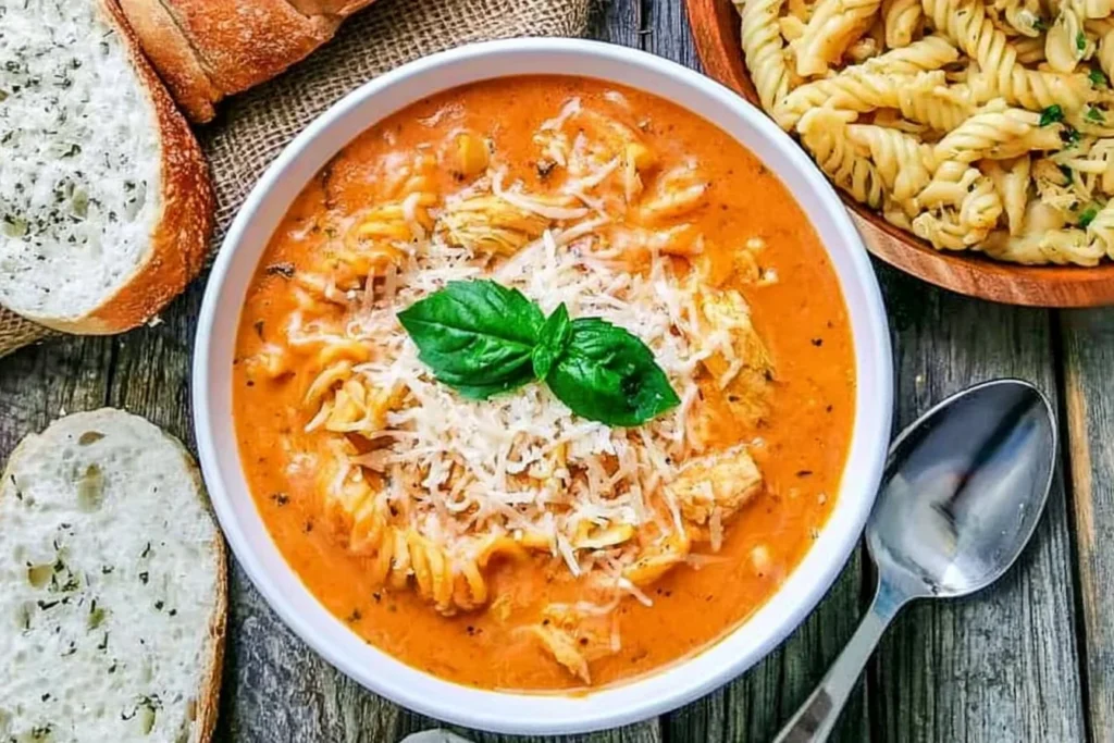 Crockpot Chicken Parmesan Soup with tender chicken, rotini pasta, creamy tomato broth, Parmesan cheese, and fresh basil.