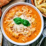 Crockpot Chicken Parmesan Soup with tender chicken, rotini pasta, creamy tomato broth, Parmesan cheese, and fresh basil.
