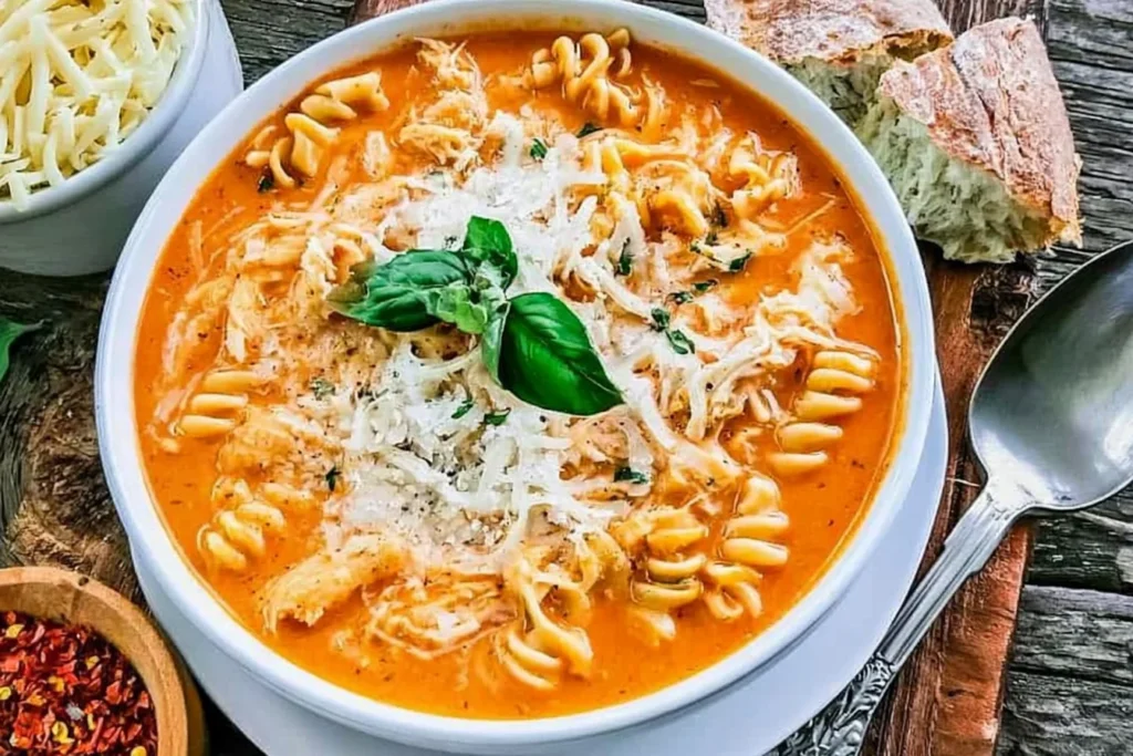 Crockpot Chicken Parmesan Soup with shredded chicken, rotini pasta, creamy tomato broth, Parmesan cheese, mozzarella, and fresh basil.