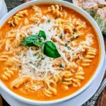 Crockpot Chicken Parmesan Soup with shredded chicken, rotini pasta, creamy tomato broth, Parmesan cheese, mozzarella, and fresh basil.