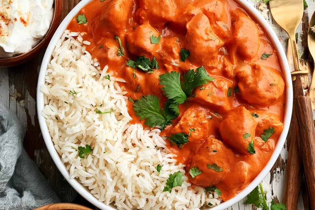 Crockpot Chicken Tikka Masala with tender chicken in creamy tomato sauce, served with fluffy white rice and fresh cilantro.