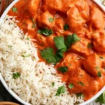 Crockpot Chicken Tikka Masala with tender chicken in creamy tomato sauce, served with fluffy white rice and fresh cilantro.