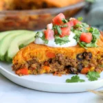 Slice of Crustless Keto Taco Pie with seasoned ground beef, melted cheddar cheese, sour cream, diced tomatoes, cilantro, and fresh avocado.