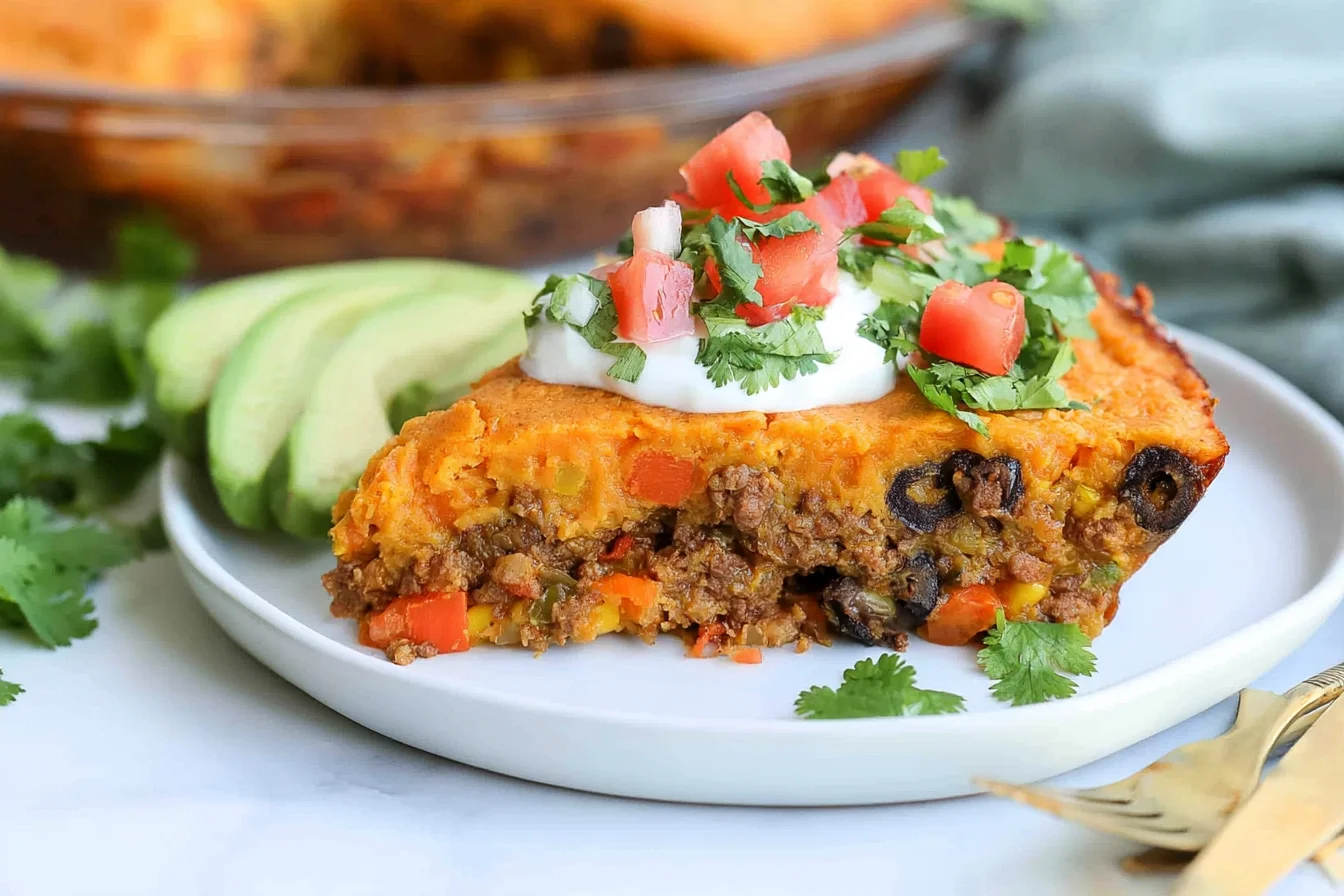 Slice of Crustless Keto Taco Pie with seasoned ground beef, melted cheddar cheese, sour cream, diced tomatoes, cilantro, and fresh avocado.