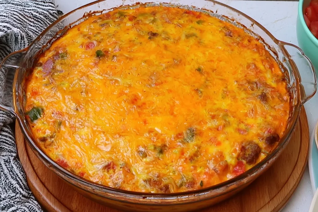 Freshly baked Crustless Keto Taco Pie in a round glass baking dish, topped with golden melted cheddar cheese and filled with seasoned ground beef.