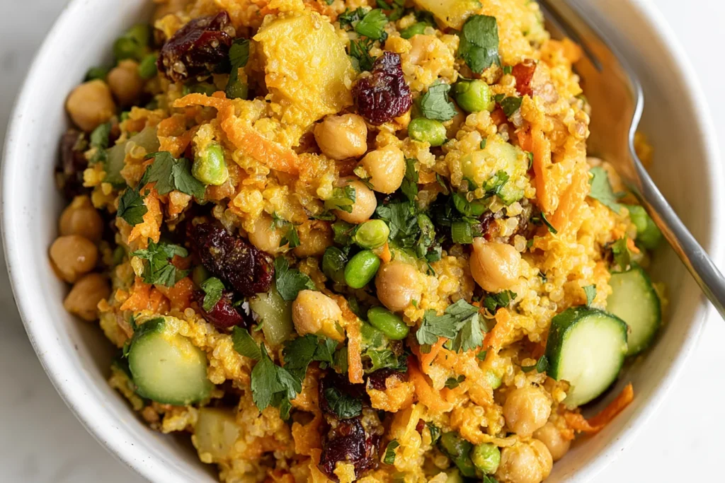 Curried Chickpea Quinoa Salad with chickpeas, quinoa, cucumber, carrots, cranberries, green vegetables, and fresh herbs in curry dressing.