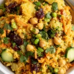 Curried Chickpea Quinoa Salad with chickpeas, quinoa, cucumber, carrots, cranberries, green vegetables, and fresh herbs in curry dressing.