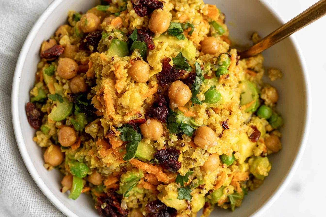 Curried Chickpea Quinoa Salad with chickpeas, quinoa, cranberries, carrots, avocado, and fresh herbs in a creamy curry dressing.