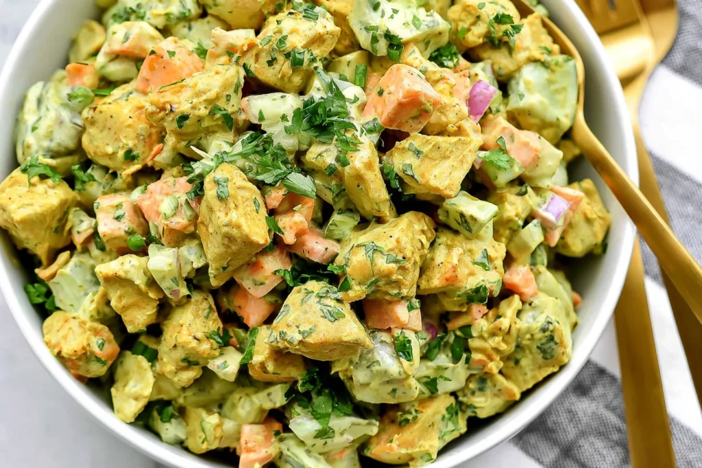 Easy Creamy Curry Chicken Salad with tender chicken, carrots, celery, red onion, cashews, and fresh cilantro in a creamy curry yogurt dressing.