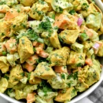 Easy Creamy Curry Chicken Salad with tender chicken, carrots, celery, red onion, cashews, and fresh cilantro in a creamy curry yogurt dressing.