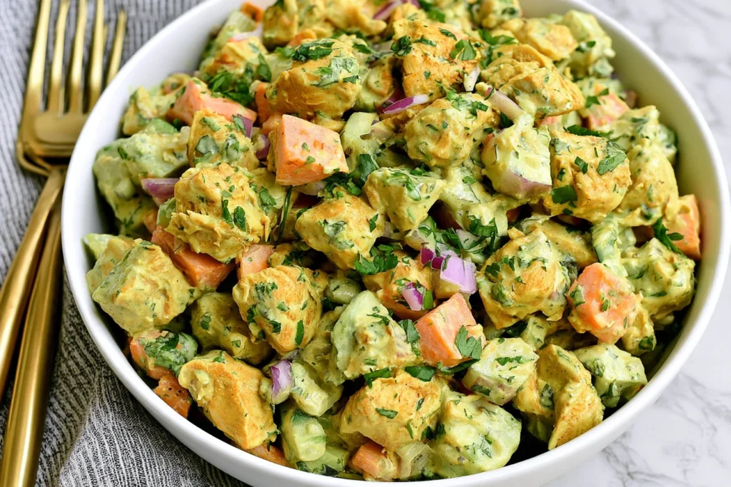 Easy Creamy Curry Chicken Salad with tender chicken, carrots, celery, red onion, and fresh cilantro coated in a creamy curry yogurt dressing.