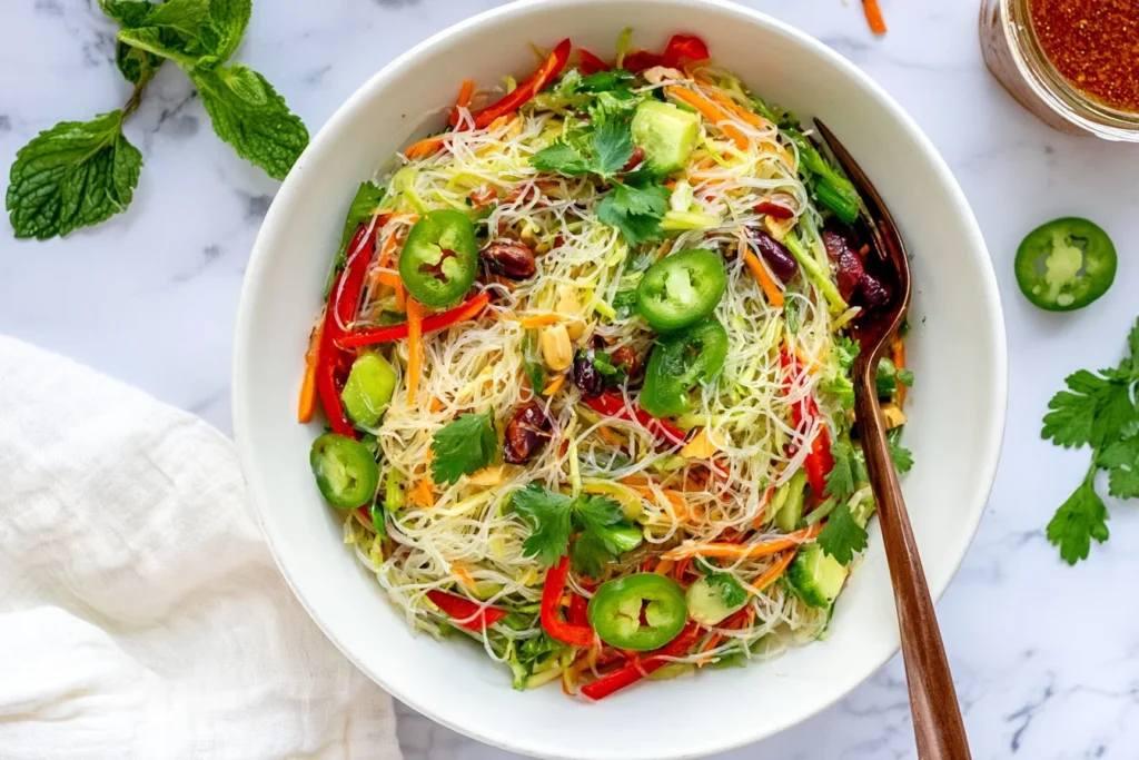 Spring Roll Salad with Spicy Ginger Dressing featuring thin rice noodles, shredded carrots, red bell peppers, cucumber, fresh cilantro, sliced green jalapeños, and roasted peanuts in a white bowl.