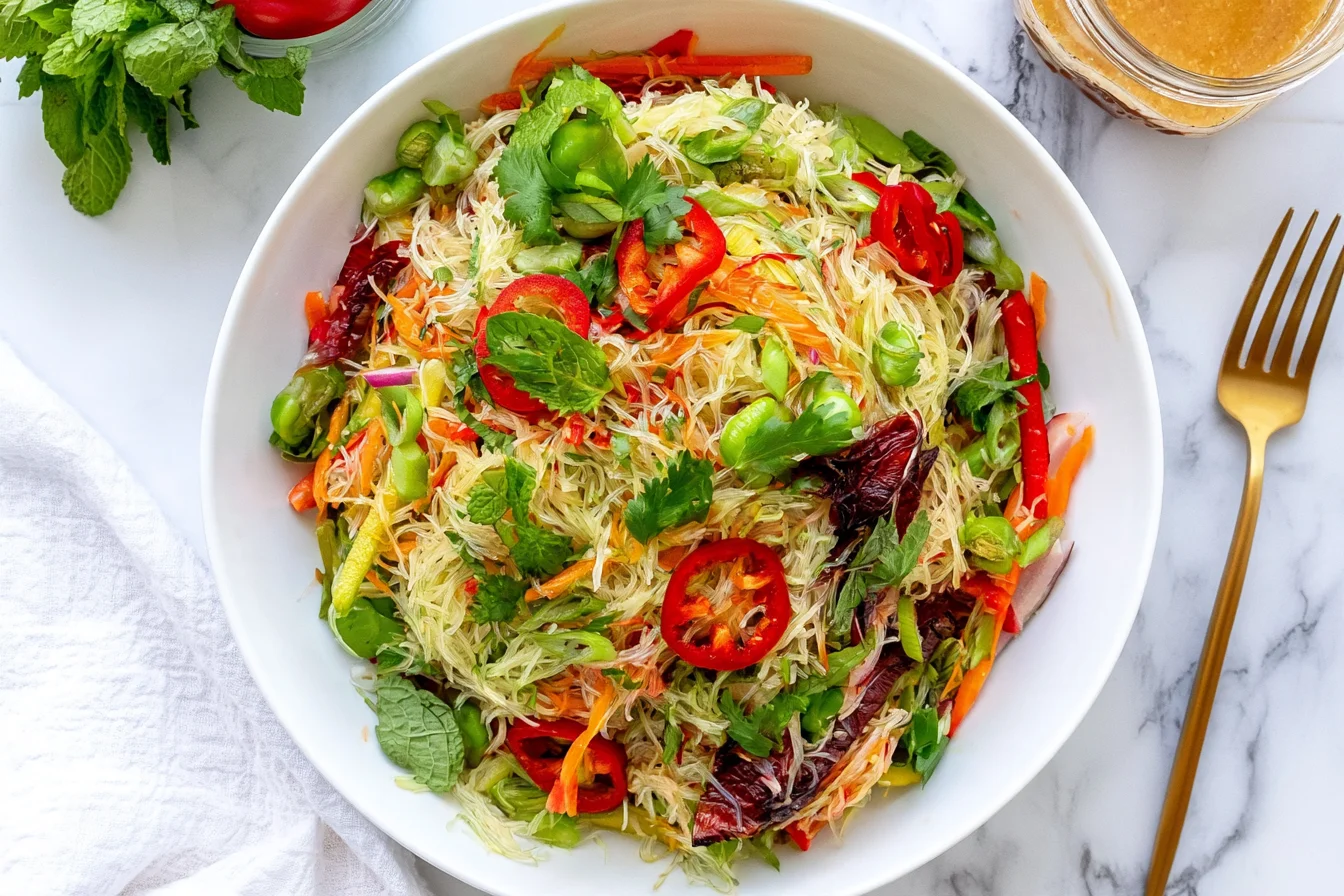 Spring Roll Salad with Spicy Ginger Dressing featuring rice noodles, shredded carrots, red bell peppers, fresh cilantro, mint, and colorful vegetables in a white bowl.