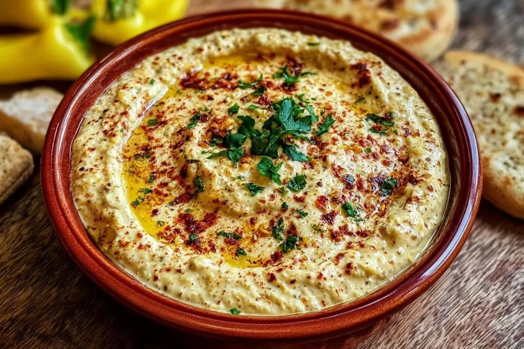 Golden Banana Pepper Dip served warm and creamy with herbs, spices, and crackers for dipping.