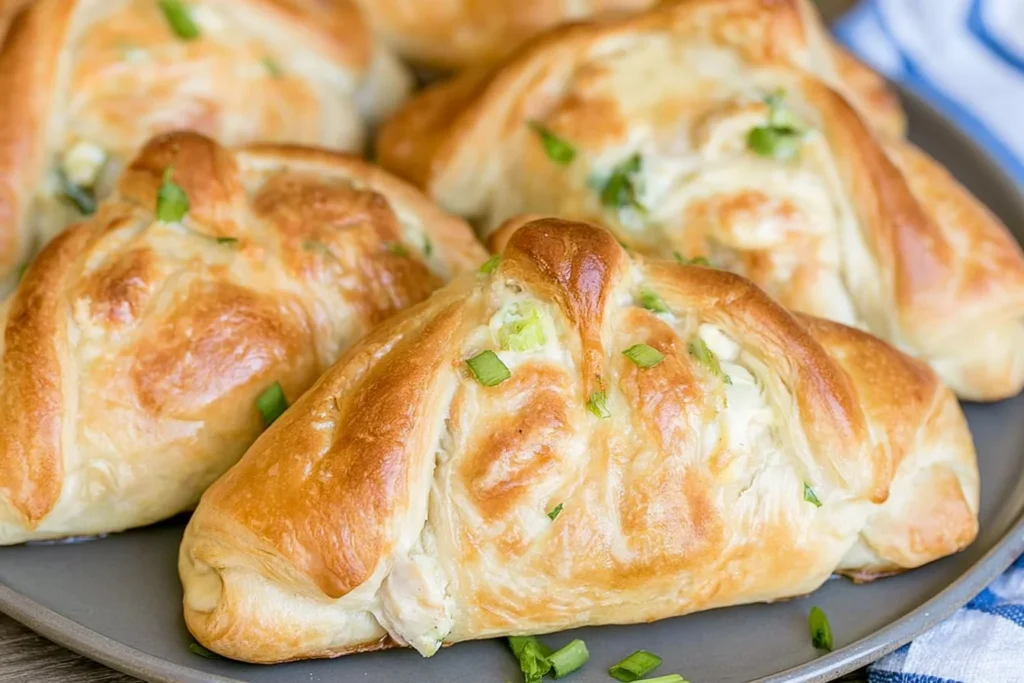 Cream Cheese Chicken Croissants with flaky golden pastry, creamy chicken filling, and fresh green onions served warm on a plate.