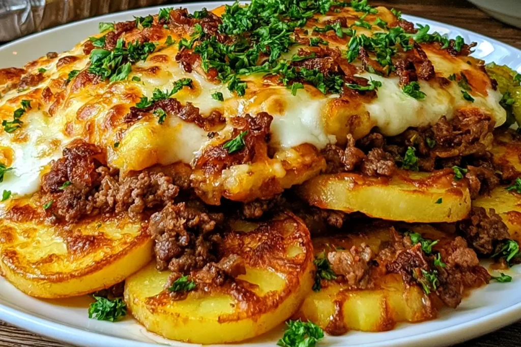 Healthy Loaded Beef and Potato Bake featuring golden roasted potato slices, seasoned lean ground beef, bubbly melted cheddar cheese, and fresh chopped parsley