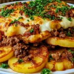 Healthy Loaded Beef and Potato Bake featuring golden roasted potato slices, seasoned lean ground beef, bubbly melted cheddar cheese, and fresh chopped parsley