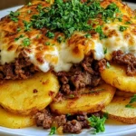 Healthy Loaded Beef and Potato Bake with tender golden potato slices, seasoned ground beef, melted cheddar cheese, and fresh parsley.