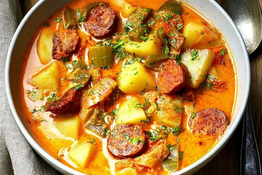 Spanish Potato Soup with Chorizo featuring smoky sliced chorizo, tender potato chunks, green bell peppers, and fresh parsley in a rich, creamy orange broth.