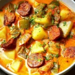 Spanish Potato Soup with Chorizo featuring smoky sliced chorizo, tender potato chunks, green bell peppers, and fresh parsley in a rich, creamy orange broth.