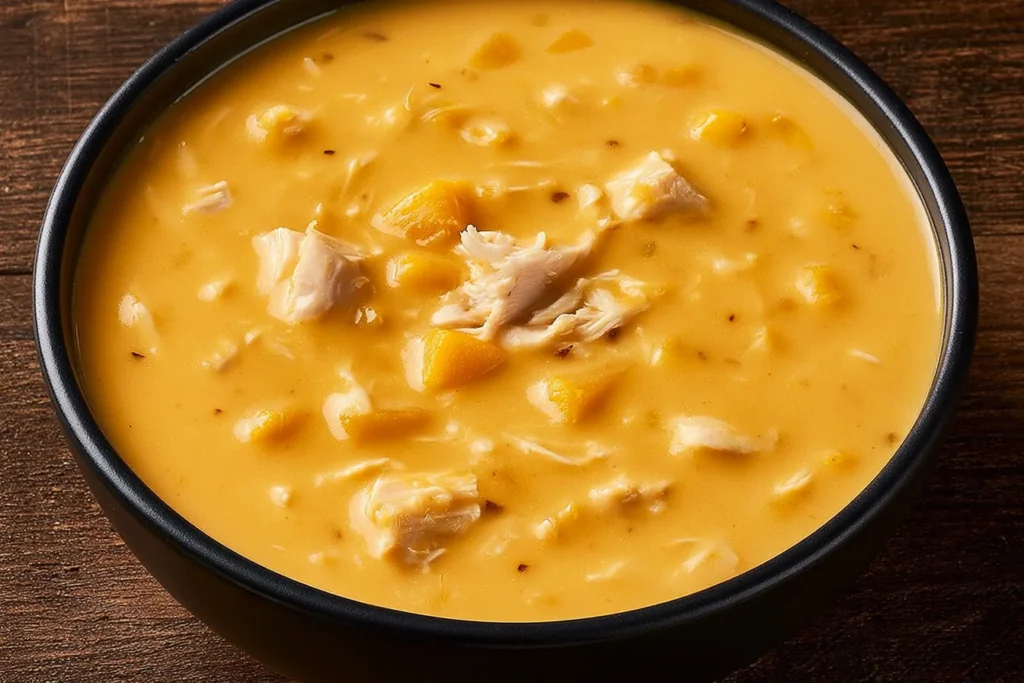 Creamy Pumpkin Chicken Soup with tender shredded chicken in a rich, velvety pumpkin broth served in a black bowl.