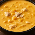 Creamy Pumpkin Chicken Soup with tender shredded chicken in a rich, velvety pumpkin broth served in a black bowl.