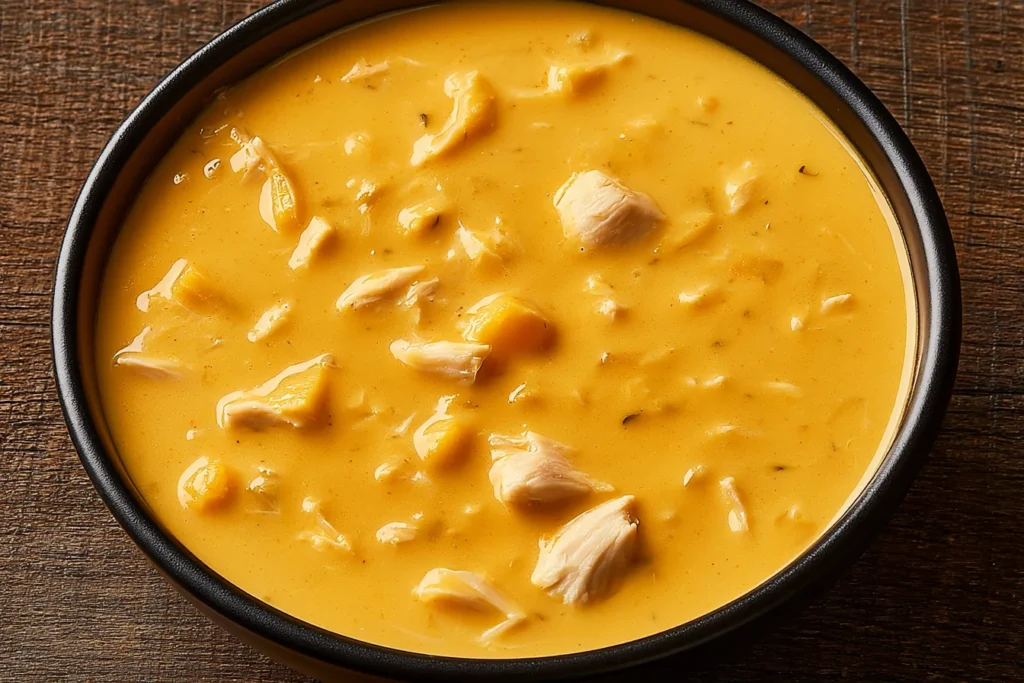 Creamy Pumpkin Chicken Soup with tender chicken pieces in a smooth, golden pumpkin broth served in a black bowl.