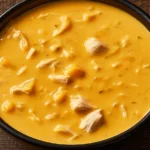 Creamy Pumpkin Chicken Soup with tender chicken pieces in a smooth, golden pumpkin broth served in a black bowl.