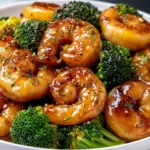 High-Protein Honey Garlic Shrimp coated in a glossy sweet garlic sauce, served with fresh green broccoli in a white bowl.