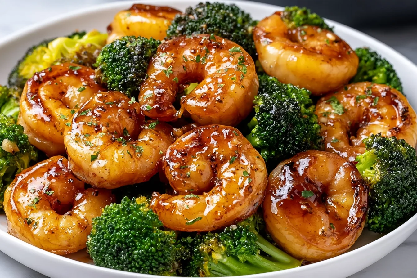 High-Protein Honey Garlic Shrimp coated in a glossy sweet garlic sauce, served with fresh green broccoli in a white bowl.