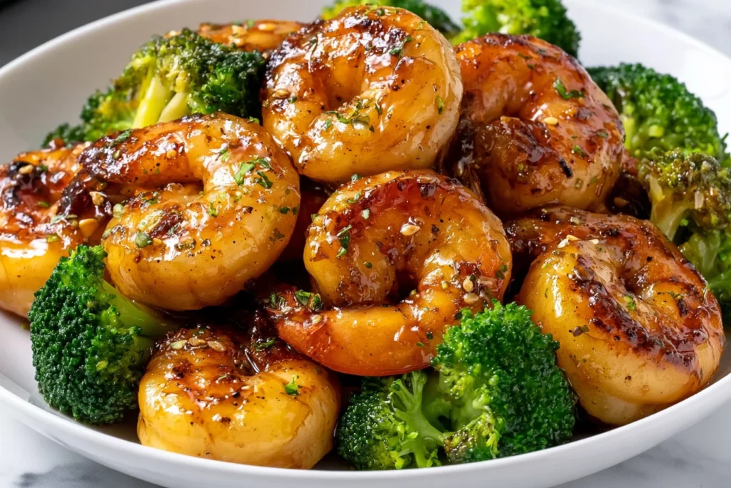High-Protein Honey Garlic Shrimp coated in a sticky, golden honey garlic glaze, garnished with herbs and served with fresh green broccoli.