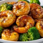 High-Protein Honey Garlic Shrimp coated in a sticky, golden honey garlic glaze, garnished with herbs and served with fresh green broccoli.