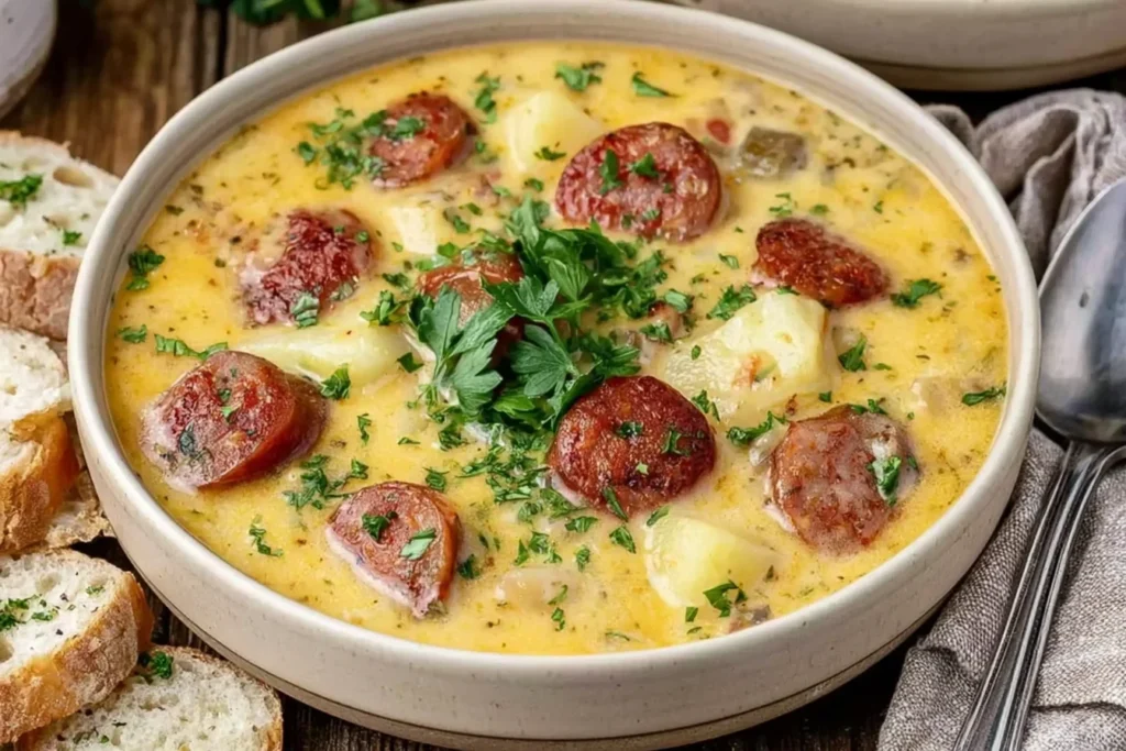 Creamy Kielbasa Potato Soup with browned smoked sausage slices, tender potato chunks, and fresh parsley in a rustic white bowl.