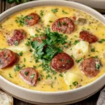 Creamy Kielbasa Potato Soup with browned smoked sausage slices, tender potato chunks, and fresh parsley in a rustic white bowl.