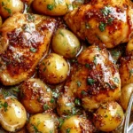 Honey Mustard Chicken And Potatoes with juicy glazed chicken thighs, tender baby potatoes, whole-grain mustard sauce, and fresh parsley.