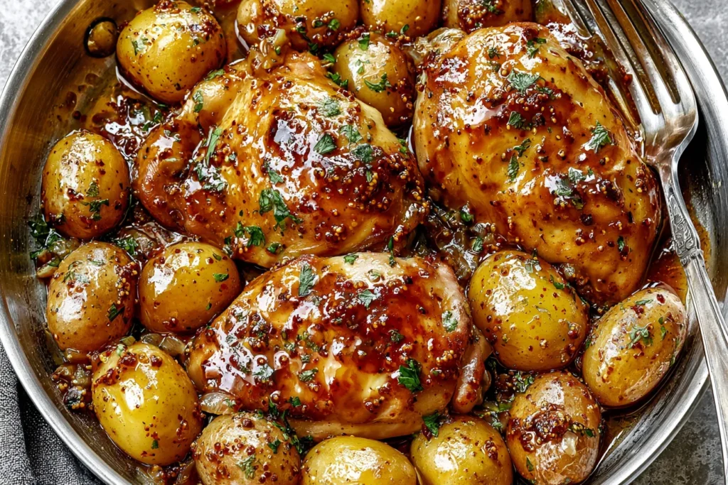 Honey Mustard Chicken And Potatoes with golden glazed chicken thighs, tender baby potatoes, whole-grain mustard sauce, and fresh parsley.