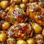 Honey Mustard Chicken And Potatoes with golden glazed chicken thighs, tender baby potatoes, whole-grain mustard sauce, and fresh parsley.