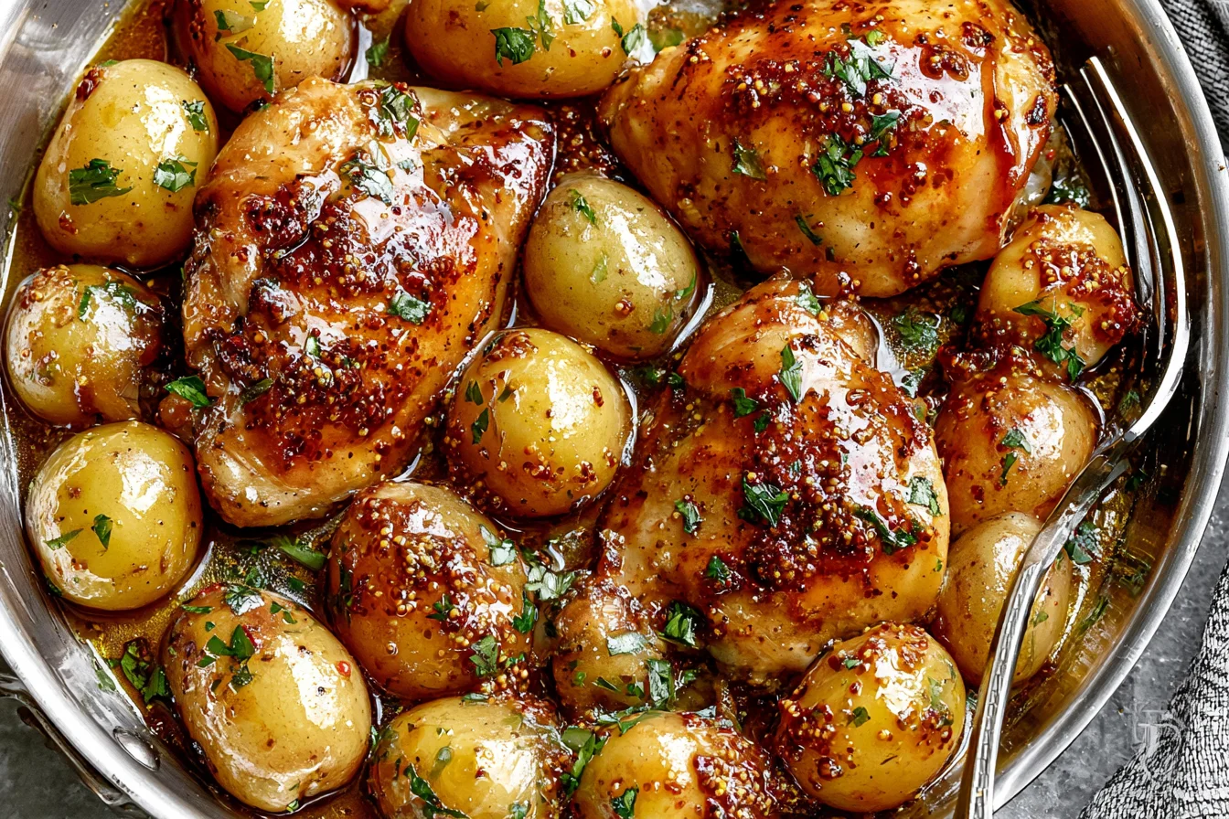 Honey Mustard Chicken And Potatoes with juicy glazed chicken thighs, tender baby potatoes, whole-grain mustard sauce, and fresh parsley.