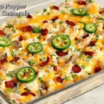 Jalapeno Popper Chicken Casserole with creamy cheese, bacon, rotini pasta, green onions, and sliced jalapeños