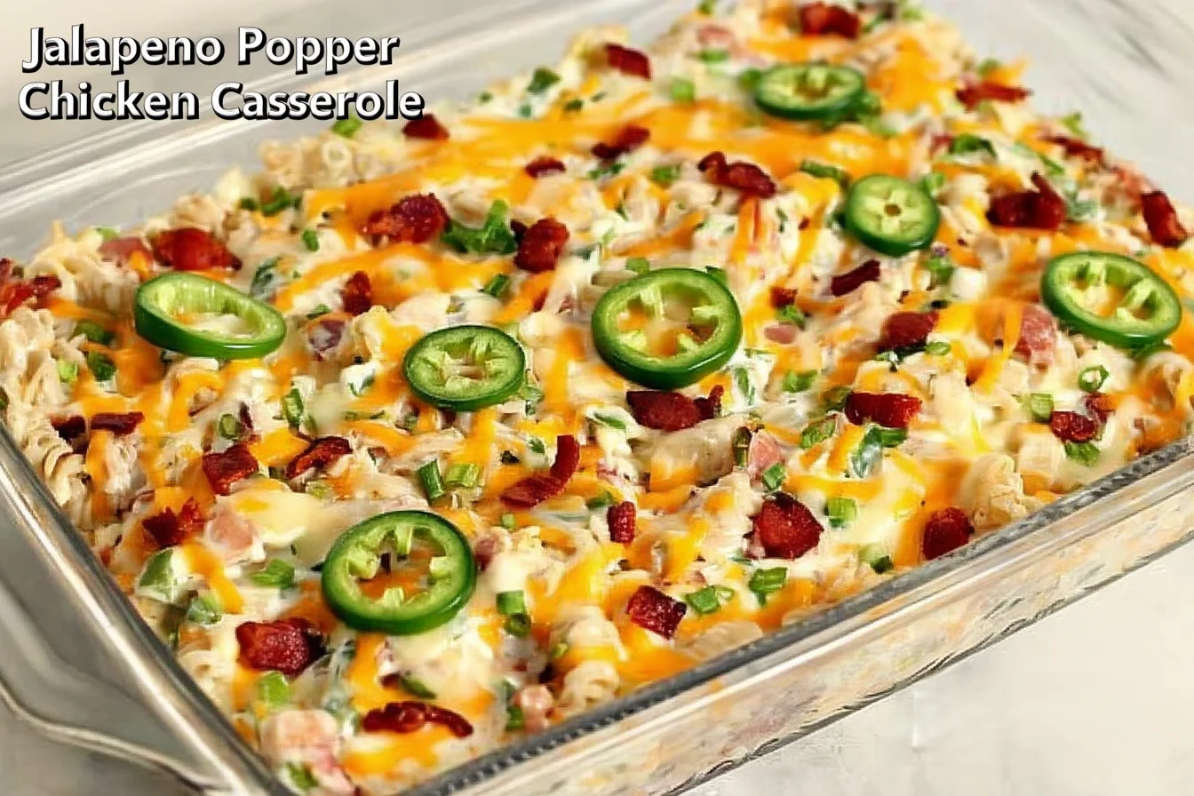 Jalapeno Popper Chicken Casserole with creamy cheese, bacon, rotini pasta, green onions, and sliced jalapeños