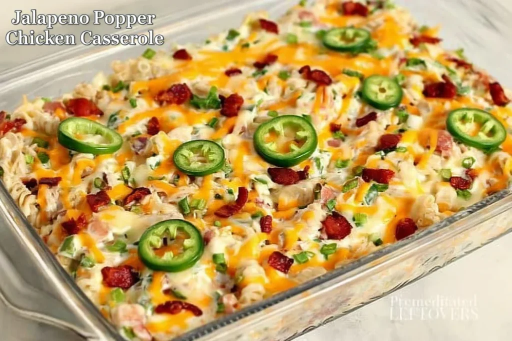 Jalapeno Popper Chicken Casserole topped with melted cheese, crispy bacon, green onions, and fresh jalapeño slices