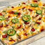 Jalapeno Popper Chicken Casserole topped with melted cheese, crispy bacon, green onions, and fresh jalapeño slices
