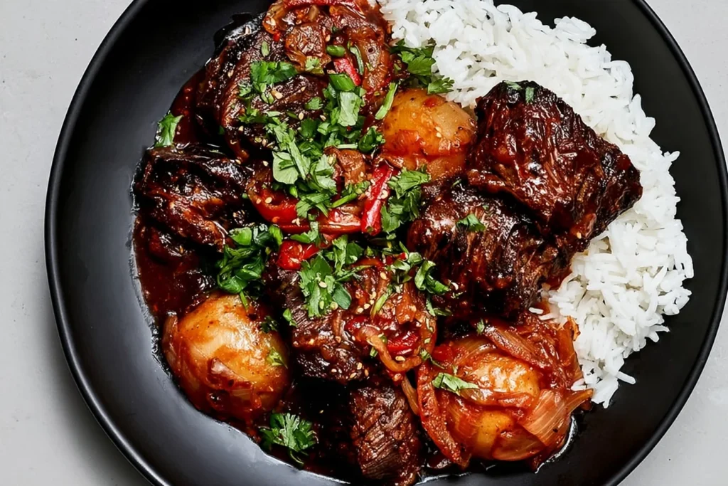 Korean Style Pot Roast with tender beef chunks in a rich gochujang sauce, served with fluffy white rice, caramelized onions, and fresh cilantro.