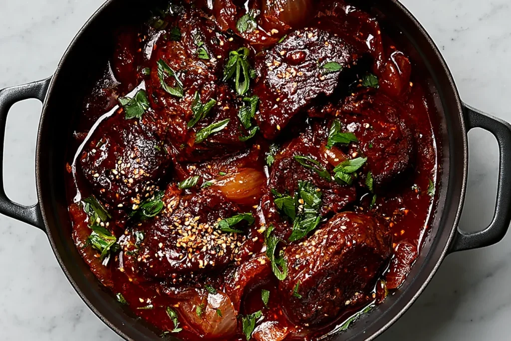 Korean Style Pot Roast with tender beef chunks in a rich, glossy gochujang sauce, topped with fresh cilantro and sesame seeds in a black Dutch oven.