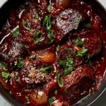 Korean Style Pot Roast with tender beef chunks in a rich, glossy gochujang sauce, topped with fresh cilantro and sesame seeds in a black Dutch oven.