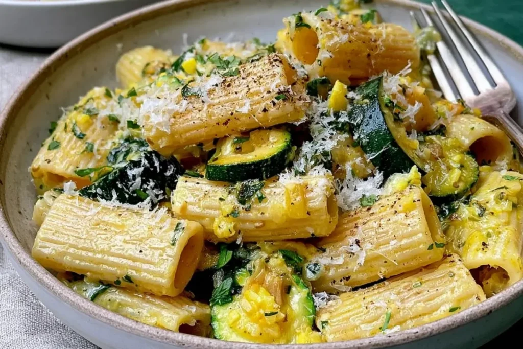 Lemon Zucchini Rigatoni with Parmesan served in a rustic ceramic bowl, featuring tender zucchini slices, creamy lemon garlic sauce, freshly grated Parmesan, and herbs.