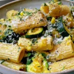 Lemon Zucchini Rigatoni with Parmesan served in a rustic ceramic bowl, featuring tender zucchini slices, creamy lemon garlic sauce, freshly grated Parmesan, and herbs.