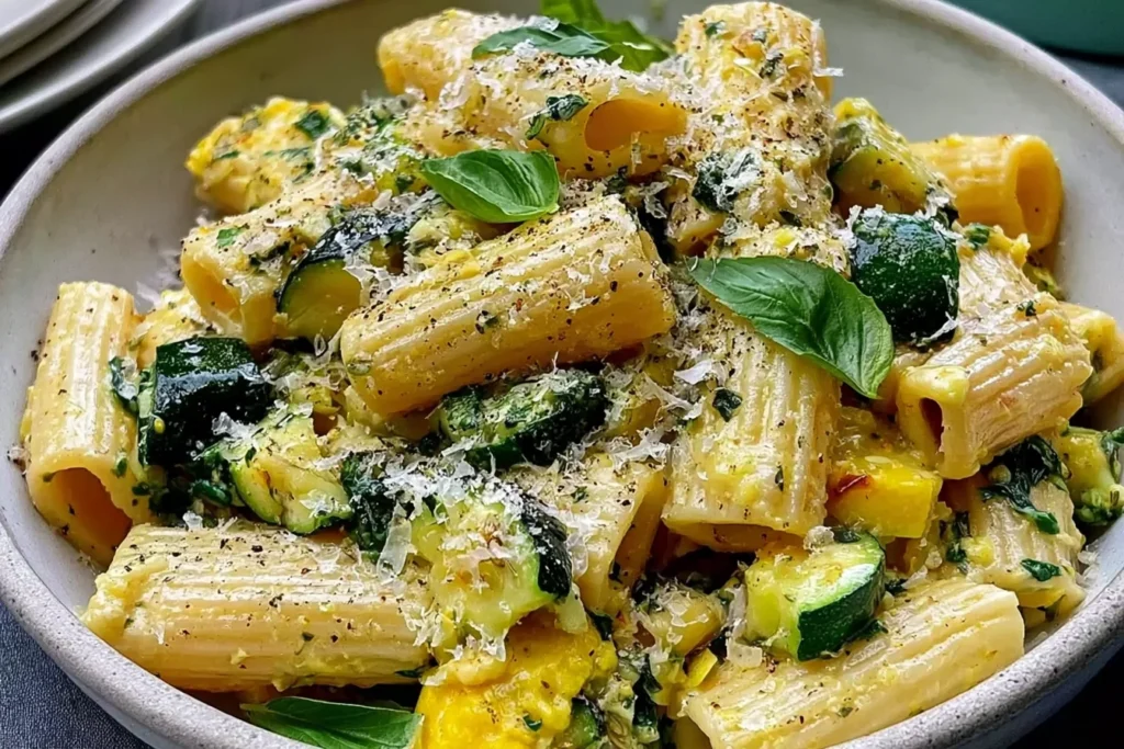 Lemon Zucchini Rigatoni with Parmesan served in a ceramic bowl, featuring tender zucchini, creamy lemon sauce, grated Parmesan cheese, and fresh basil.