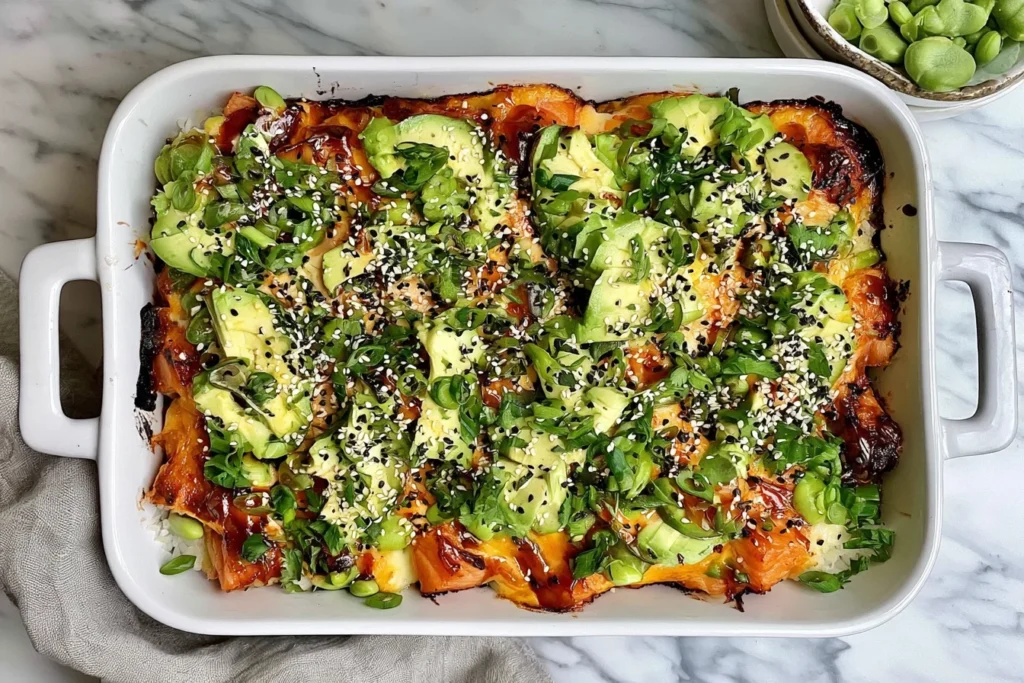 Lightened-Up Salmon Sushi Bake topped with avocado, scallions, edamame, sesame seeds, and spicy sauce in a white casserole dish